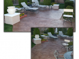 Image of a thin-cut flagstone overlay with reddish-brown stain on a concrete patio.