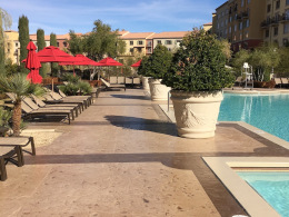 Stamped concrete pool deck with stain and border color in a Las Vegas community.